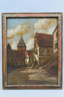 Oil Street Scene,: image area 13" X 17", bearing spurious signature of Frits Thaulow.