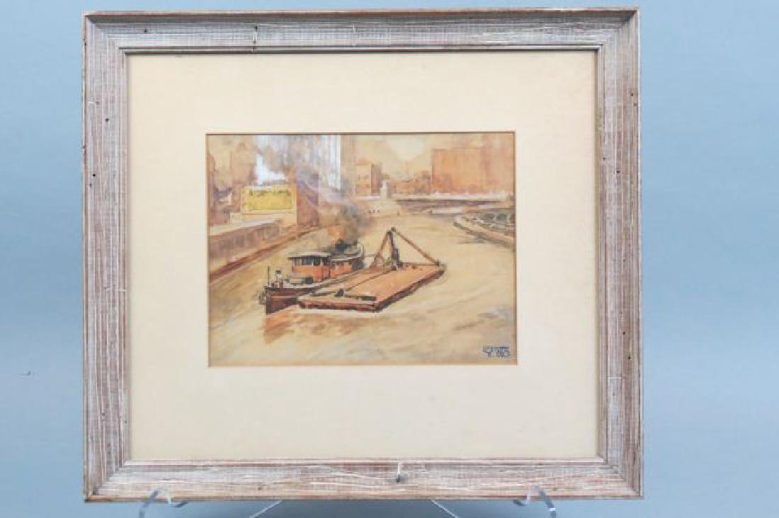 Ellsworth Young Watercolor of Barge & Tugboat,: image area 8" X 10", well listed artist 1866-1952.....An illustrator for both the "Chicago Tribune" and the "Denver Times" and for numerous magazines, Ellsworth Young was also a landscape painter. He 