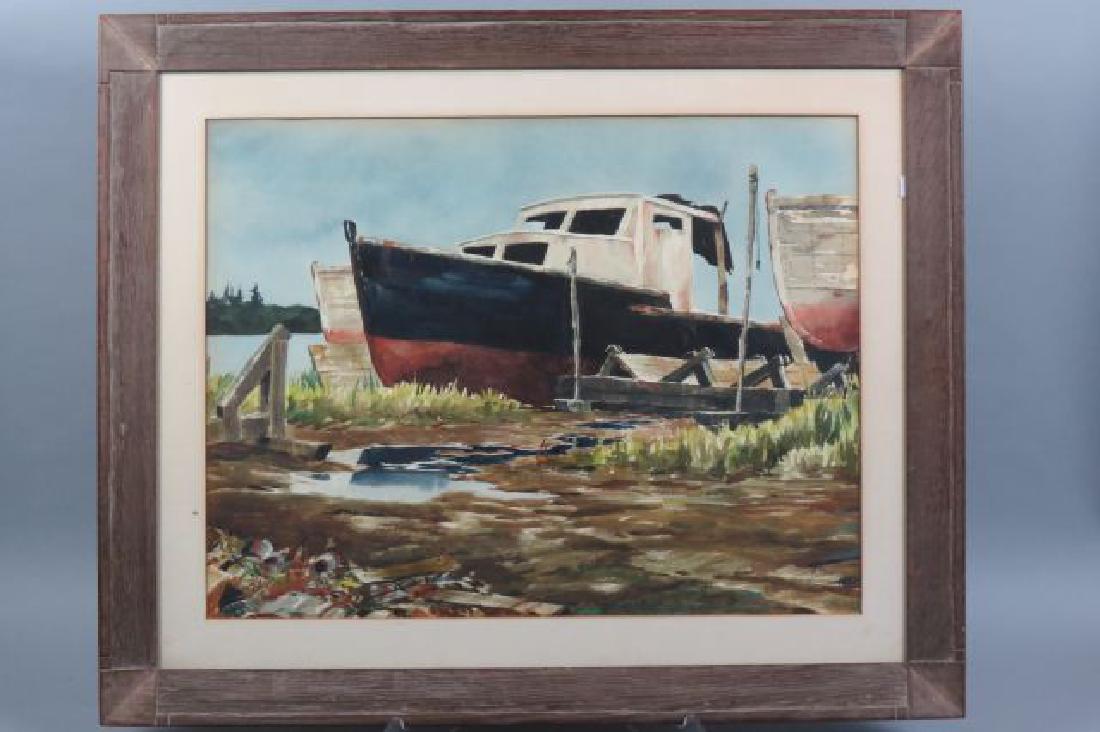 Reginald Marsh Watercolor of Boats in Drydock,: signed and dated 1944, image area 20" X 25", well listed artist 1898-1954.......An urban realist painter of New York City genre, Reginald Marsh devoted his career to depicting people going about their