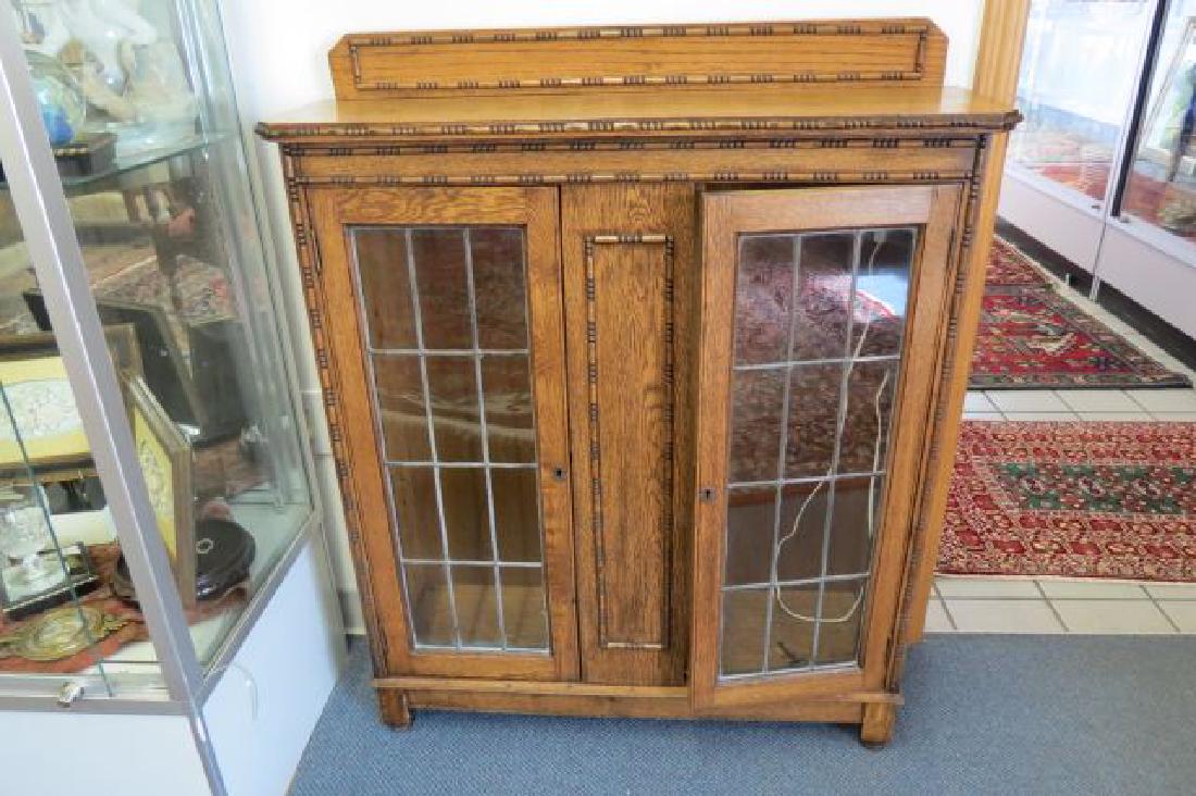 Oak Curio Cabinet with Leaded Glass Doors, (1 of 3)