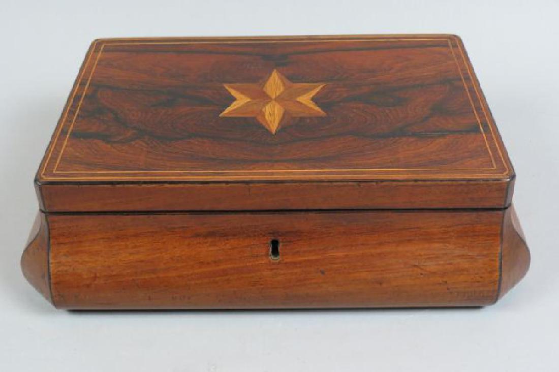 Antique Rosewood Jewelry Box,: star inlaid top, mirror inside lid, 9 1/2" X 13 1/2", 4" tall.