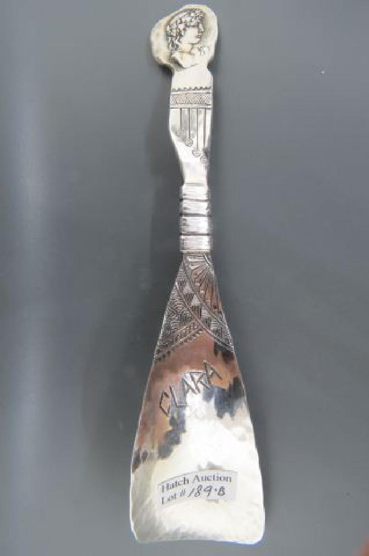 Sheibler Medallion Sterling Silver Shoehorn,: Aesthetic movement, classical young man at top, "Clara" on horn, #1393, hand hammered, 7".....George W: Shiebler (Baltimore 1846 - New York 1920) in 1875 purchased the business of Coles & Reynolds, ma