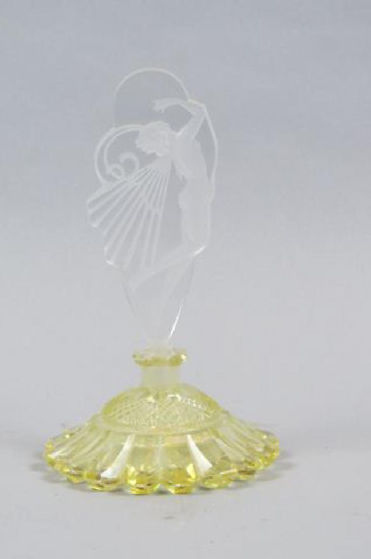 Czechoslovakia Art Deco Crystal Perfume Bottle,: intaglio cut stopper with nude woman, yellow cut base, 8 1/2".