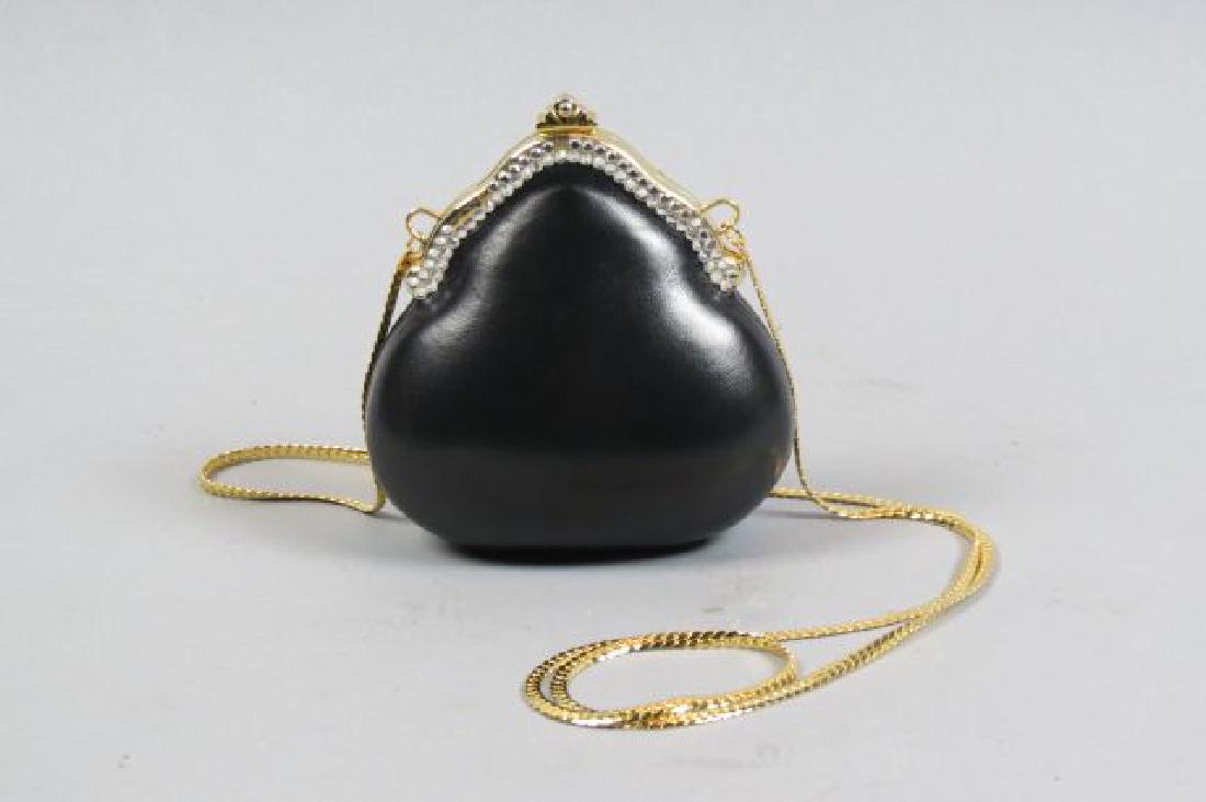 Lisette Leather Purse,: jeweled frame, 5" body, gold strap, excellent.