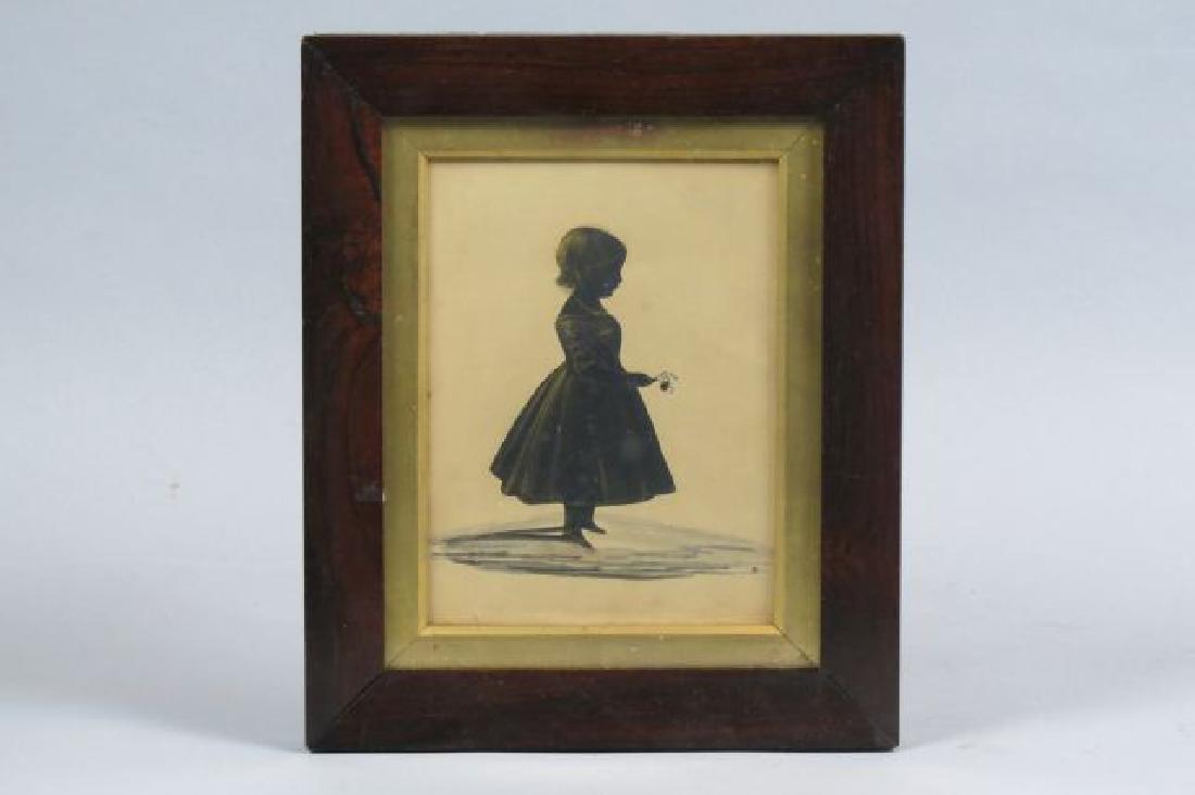 Early Silhoutte Style Watercolor of Young Girl,: holding a flower, wearing a necklace, impressed mark of Hubard Gallery, approx. 6" X 7" image area.