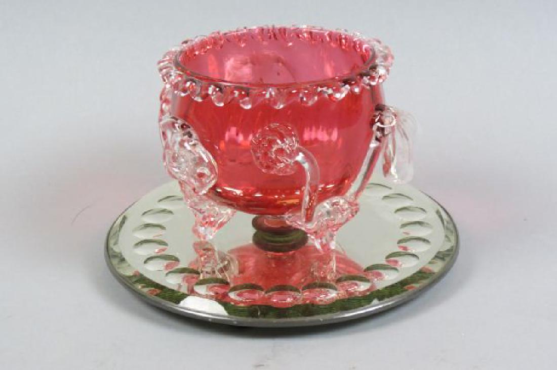 Cranberry Art Glass Vase,: applied clear flowers, original mirror plateau base, 5" tall, 7" diameter, circa 1890.