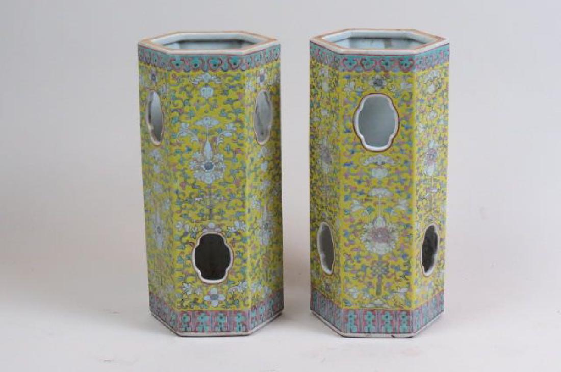 Pair of Chinese Yellow Famille Rose Hat Stands (1 of 7)