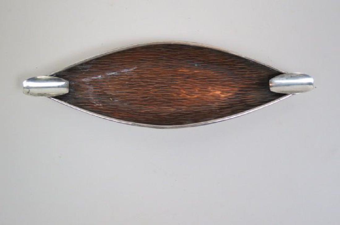 Arts & Crafts Copper & Sterling Ashtray,: canoe shape with marquise pattern, 3" X 8", silver hallmarks.