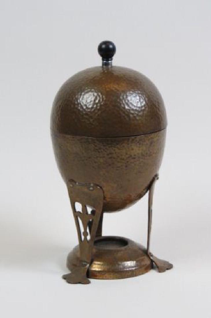 Joseph Heinrich Arts & Crafts Warmer,: hand hammered copper with sterling interior, egg shaped, openwork legs, 11 1/2" tall.