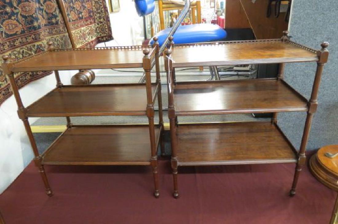 Pair of Mahogany Tea Tables,: carved, gallery trim tops, marked Imperial, Grand Rapids, 3 shelf, 25" tall, 20" wide. 13" deep, excellent.