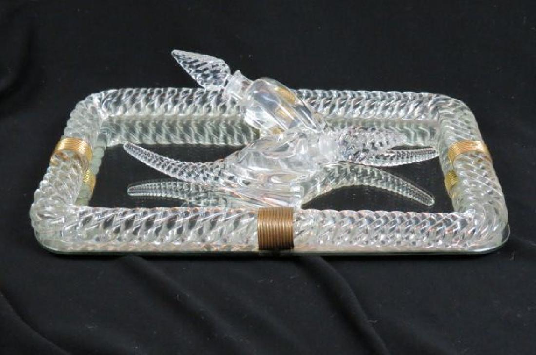 Fostoria "Colony" glass Tray & Cornucopia Perfumes: the mirrored tray measures 10" X 16", the pair of bottles are 10 1/2" long, all excellent....Fostoria made Colony from 1940 to 1973 and incorporated selected pieces from Queen Anne, an older pattern. 