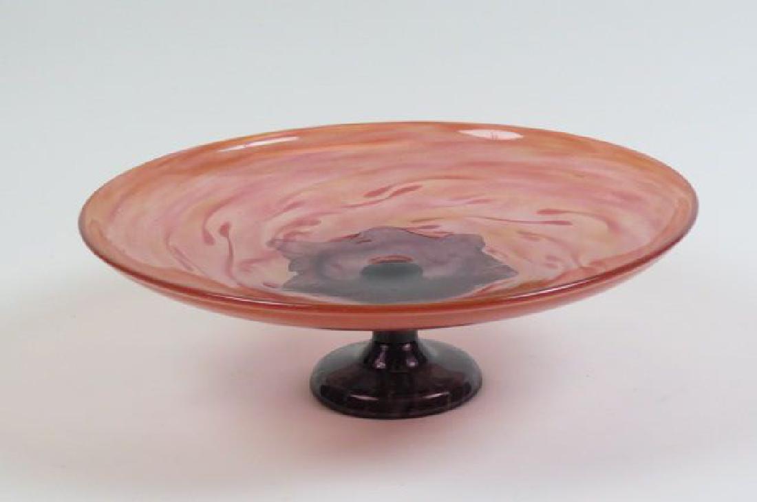 Schneider French Art Glass Centerpiece Bowl,: Art Deco, swirling oranges with amethyst pedestal, signed, 13" diameter, 4 1/2" tall, excellent.....Schneider Glassworks was founded in 1917 at Epinay-sur-Seine, France, by Charles and Ernest Schneide
