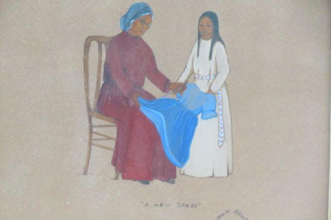 Joan (Cherokee) Brown Watercolor " A New Dress": Native American Indian older lady and young girl, image area 8" X 10", nicely framed....listed artist.....Biography Joan (Cherokee) Brown Joan Brown was born and educated in Oklahoma. She received her