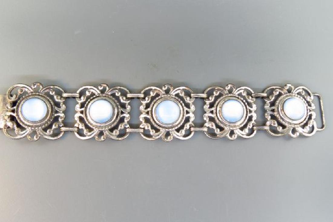 Danecraft Sterling Silver Bracelet,: faux moonstone cabochons, 1 1/4" wide, 7" long, 49 grams.