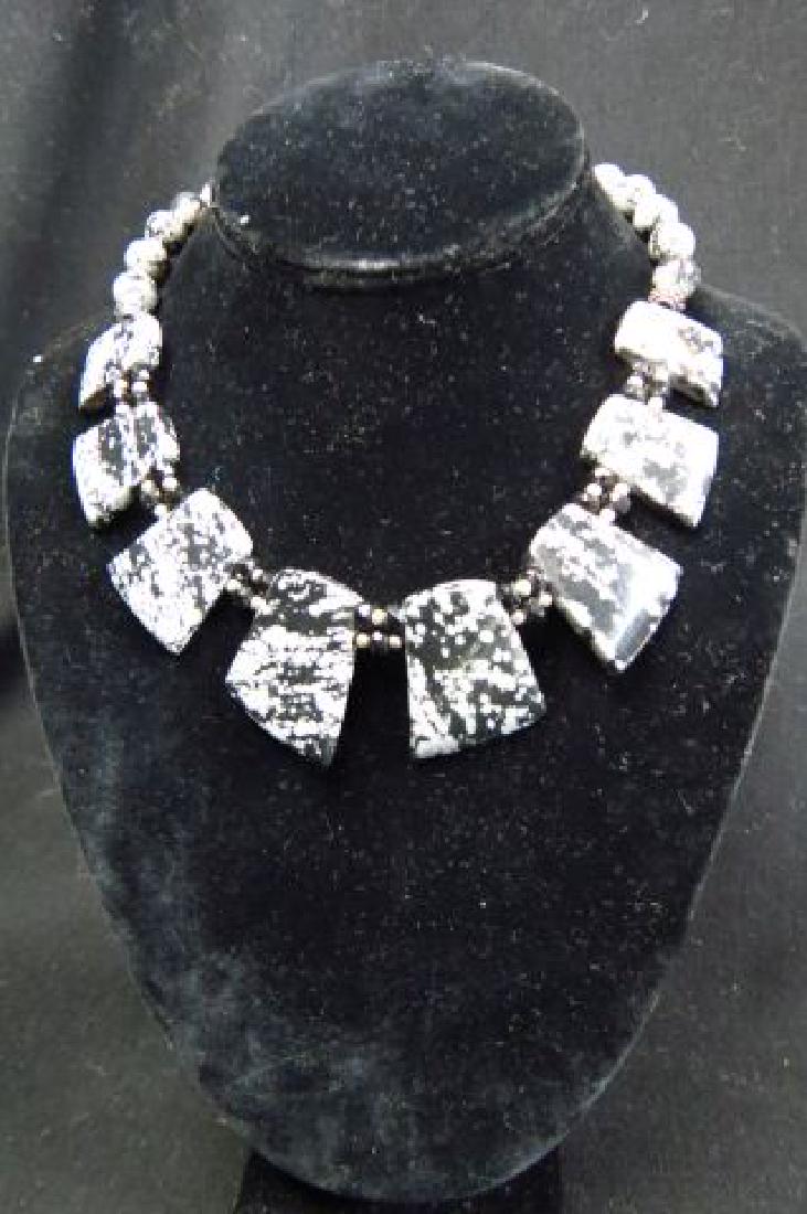 Snowflake Obsidian Necklace,: bead and panel decor, 17" long.