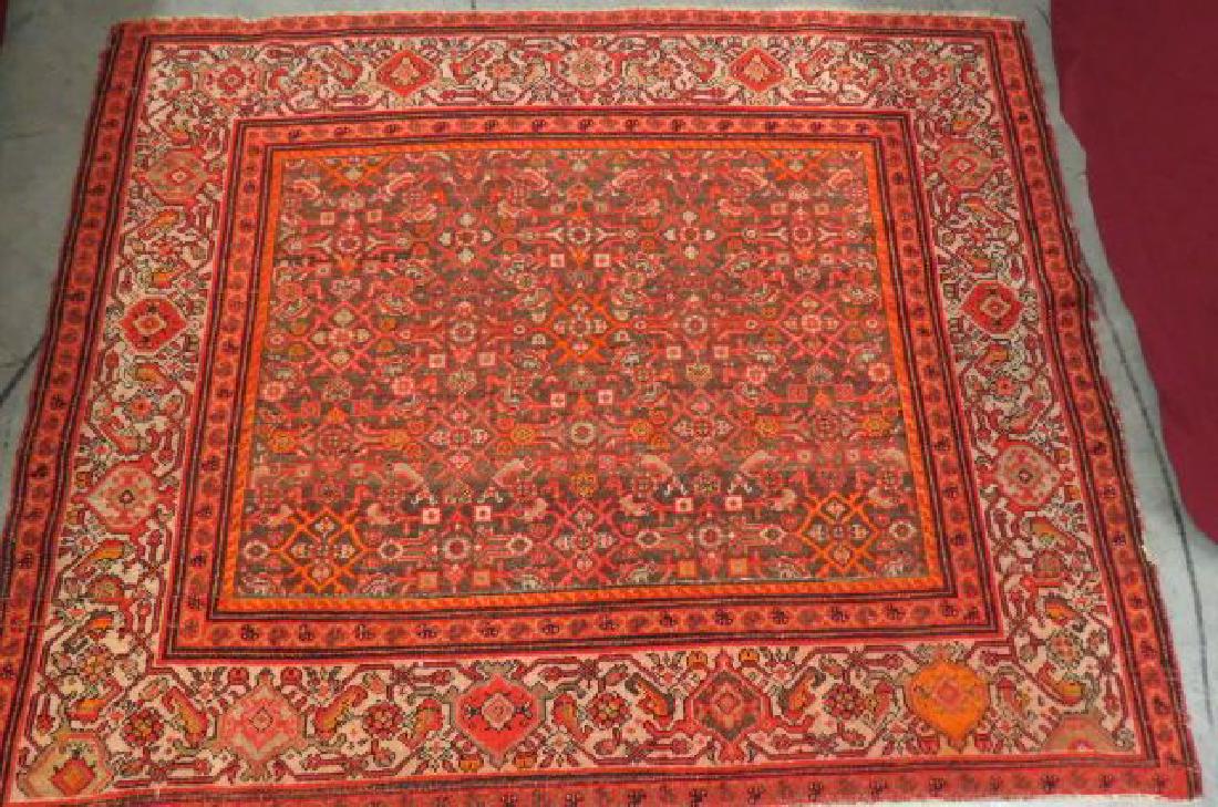Persian Handmade Rug,: overall geometrics, mostly reds on soft brown field, interesting designs throughout, 3'8" X 4'5".