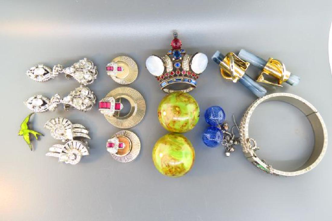 Costume Jewelry Lot including Trifari Sterling: Crown, deco enameled rhinestone bangle, retro suite and more.