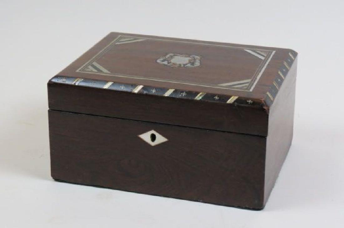 Rosewood Box with Fancy Inlay,: pewter and abalone designs, 7 1/2" X 9 1/2" X 5", locking.