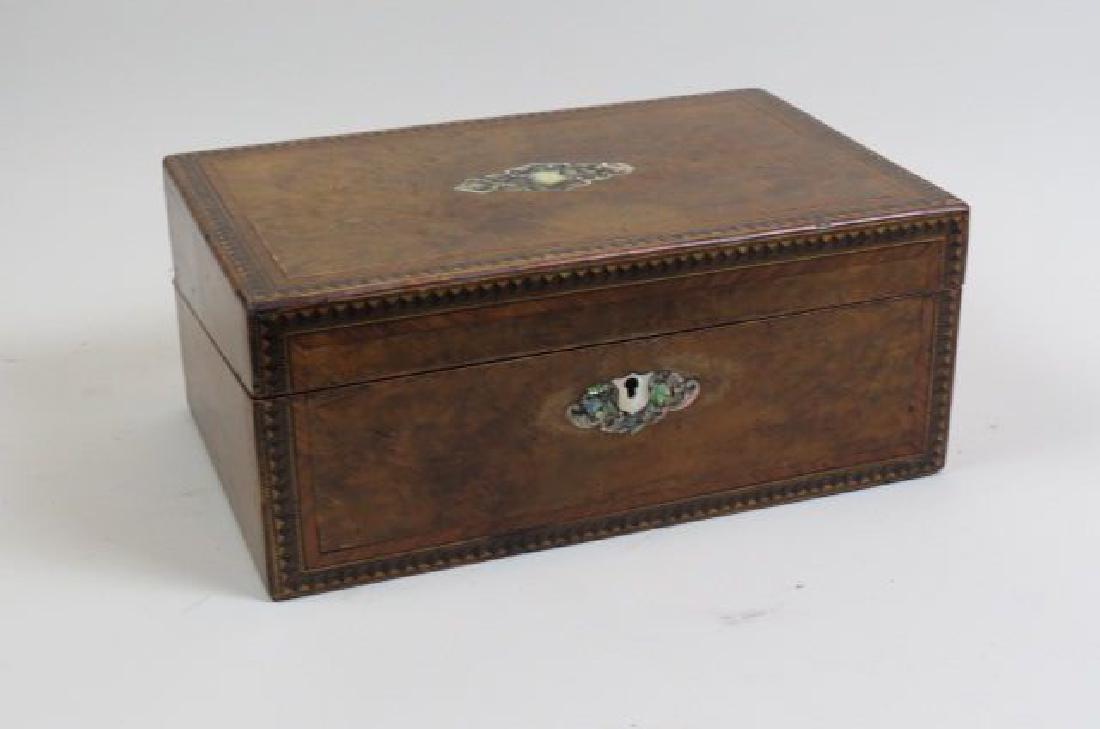 Inlaid Wooden Travel or Lap Desk,: abalone trim, inner compartments, 9" X 14" X 6"., locking.