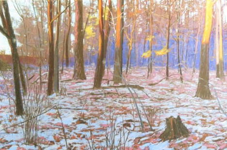 Charles Basham, pastel, "First Snow of Winter, 1986",: image area 30" X 20", label of Jerald Melberg Gallery on back.