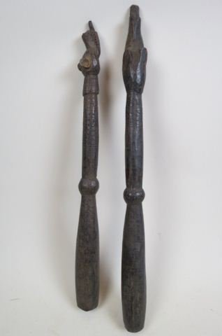 Papua New Guinea Carved Wooden Drumsticks,: carved heads, ends, approx. 21\\\" long.