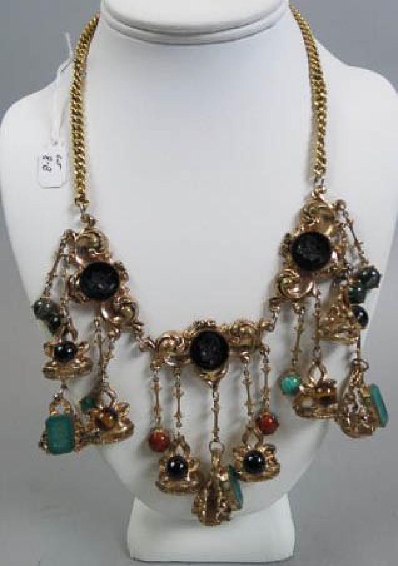 Antique Fob Necklace,: intaglios of Greco-Roman type men, colorful cabochons, circa 1900 costume jewelry type, replaceent chain is gold-filled, 18" long.