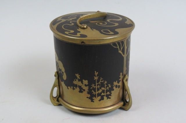 Fine Brass & Wooden Tea Caddy Box,: Arts & Crafts era, inlaid brass landscape scene, 4" tall, 3 1/2" diameter, excellent.