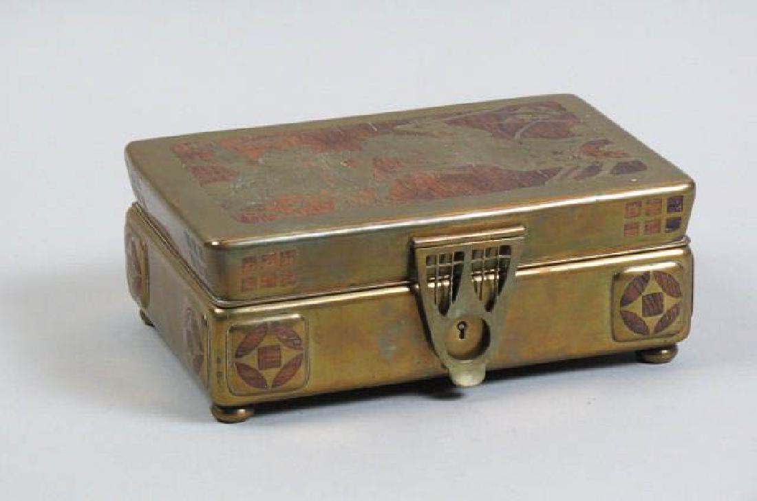 Fine Brass & Wood Jewelry Box,: Arts & Crafts era, knights on top, footed, locking, 8 1/2" x 6" x 3 1/2".