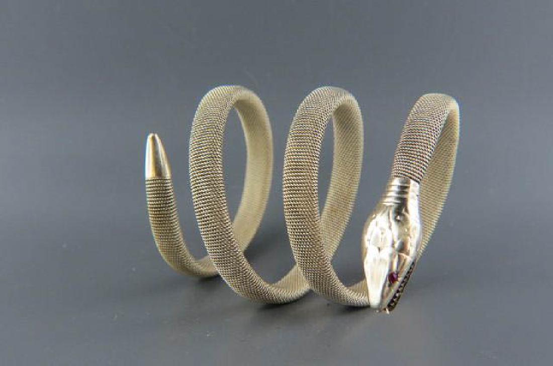 Vintage Sterling Silver Figural Snake Bracelet,: fine mesh body, wrap style, ruby eyes, marked "Sterling, .935", European, gold wash, excellent.