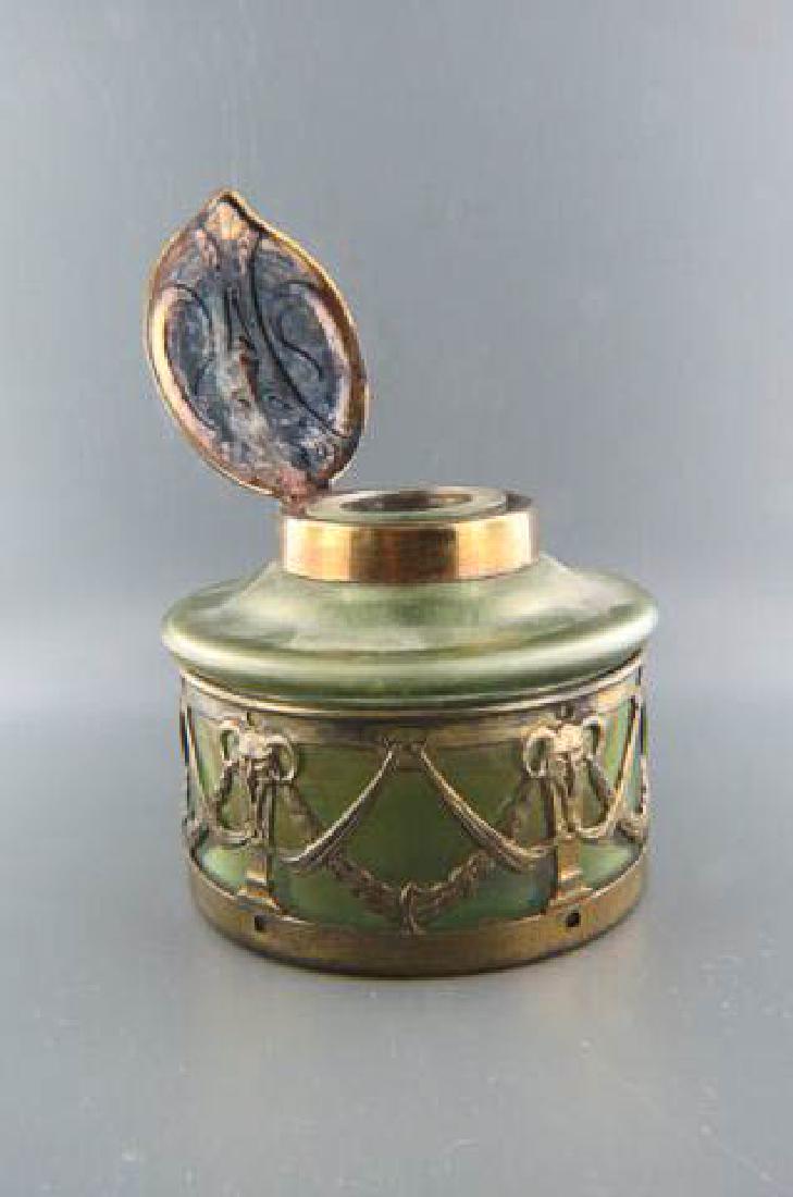 Loetz Art Glass Inkwell,: brass trim & hinged cover with devil style face, iridescent green glass, 3", excellent.