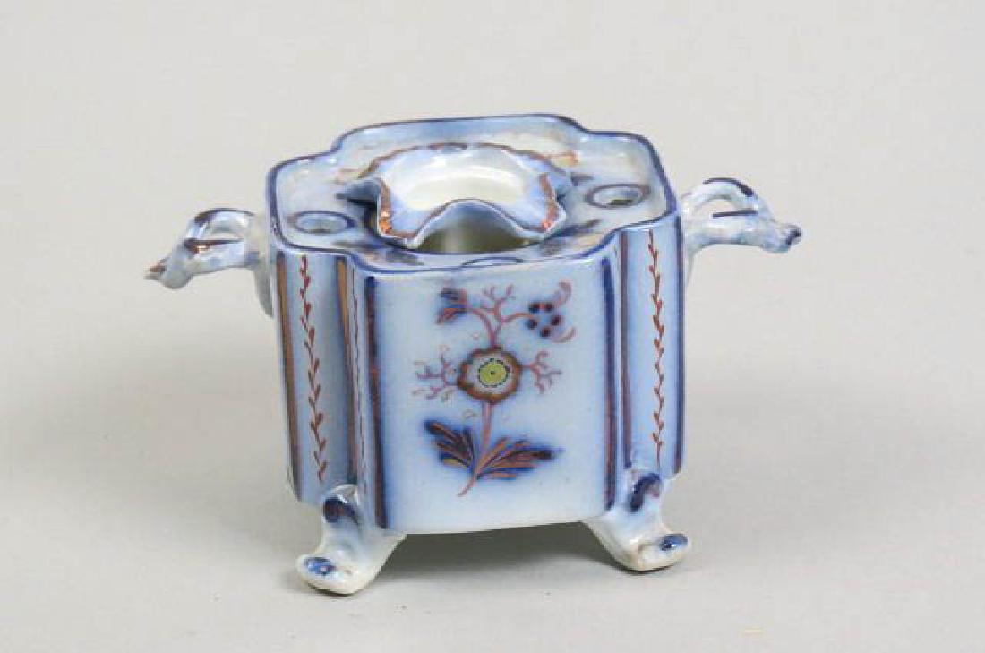 English Flow Blue Ironstone Inkwell,: copper luster trim, footed, handled, circa 1850, 3" x 3 1/2".