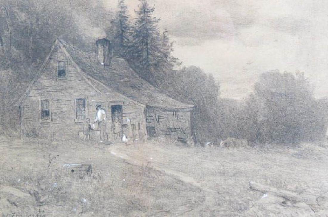 Samuel Lancaster Gerry Drawing Cottage in Country,: figures & chickens on farm, image area 13" x 20"................................A leader of the White Mountain School of painting in the 1840s, Samuel Gerry painted in the Hudson River style and also 