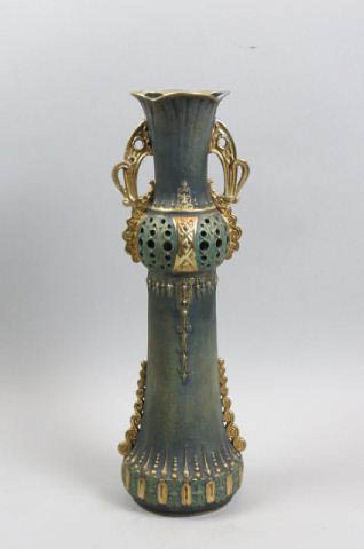 Teplitz Amphora Art Nouveau Pottery Vase,: openwork collar, fancy handles, gold trim, signed and numbered, 18" tall, excellent.....You may know an amphora as a type of large two-handled Grecian vase originally designed for storage. But the nam