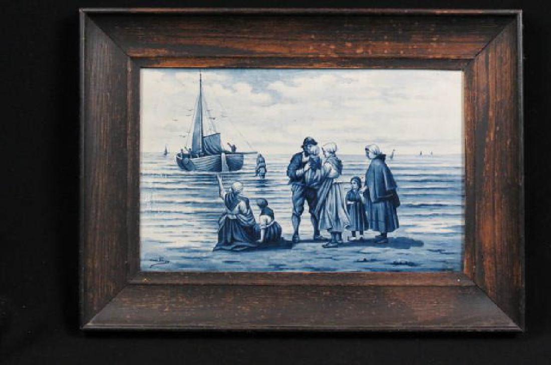 Royal Bonn Porcelain Plaque of Fisherman: leaving family along the shore, Delft style, hand painted, signed, plaque size 12" x 18" plus oak frame, circa 1890, excellent..Royal Bonn is the nineteenth-and twentieth-century trade name used by Fr