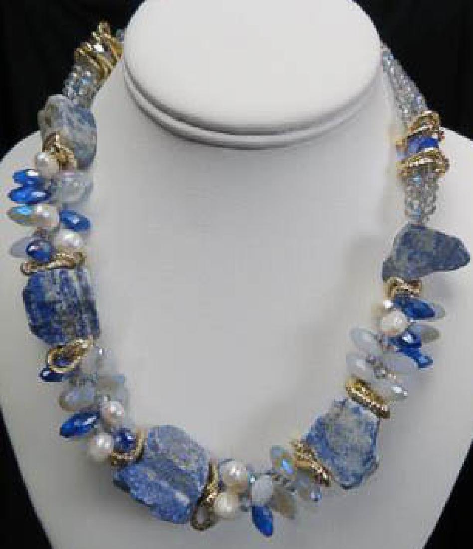 Lapis Pearl & Crystal Necklace,: 5 natural lapis stones with pearls and Swarovski style cut crystal beads, gold-tone trim, magnetic clasp, 19" long.