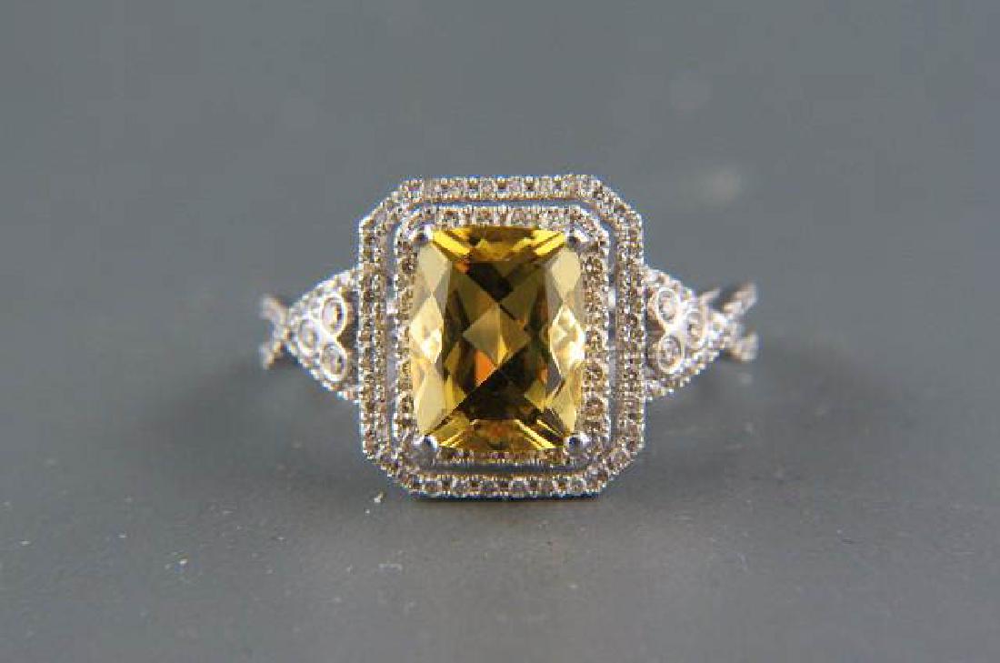 Golden Beryl & Diamond 14K Gold Ring,: vivid rectangular cushion cut gem weighing 1.56 carats in halo setting surrounded by 104 round diamonds totaling .57 carat in 14k white gold, with appraisal of $1385.00, currently size 7.