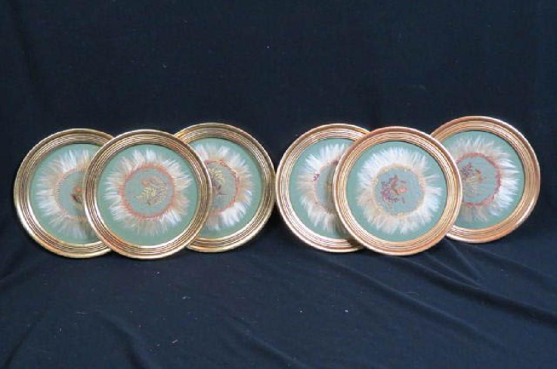 6 Framed Handmade Cuban Dollies,: dried milkweed, flowers & seeds, marked, "Brought back in 1903 by Samuel Sherrerd", gold frames, 9 1/2" diameter overall.