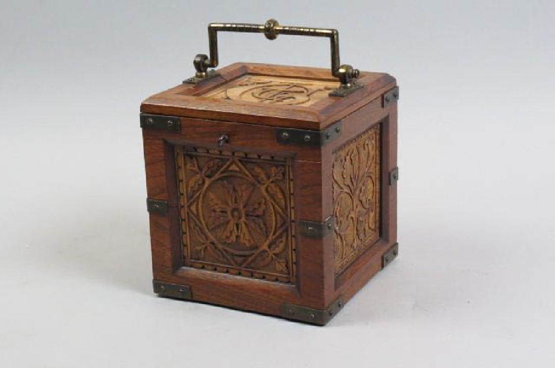 English Carved Wooden Tea Caddy Box,: panel style, brass straps and swing handle, 6" X 6" X 6 1/2", locking, with key, circa 1880.