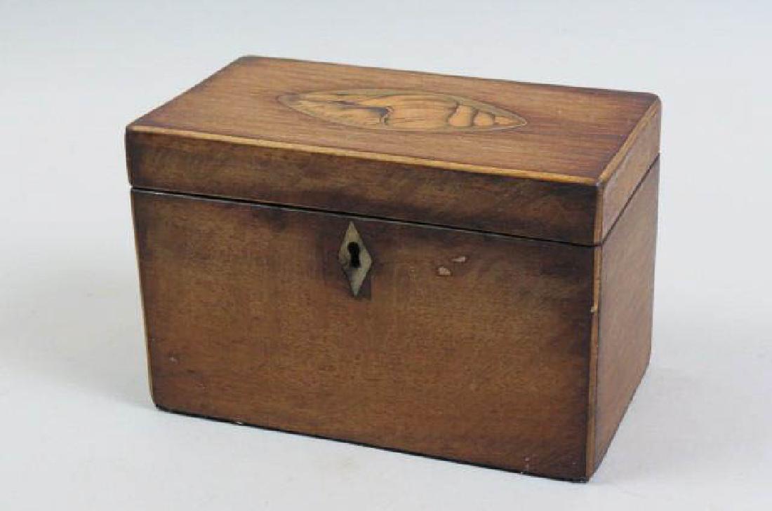 English Wood Tea Caddy Box with Inlaid Shell,: double port, locking, with key, 4 1/2" X 7", 5" tall, circa 1880.