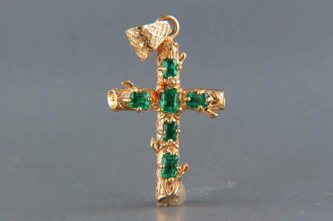Emerald 18K Gold Cross Pendant,: 6 rich emerald cut gems totaling .66 carat in 18k yellow gold, with appraisal of $1250.00, 1 1/2" long.