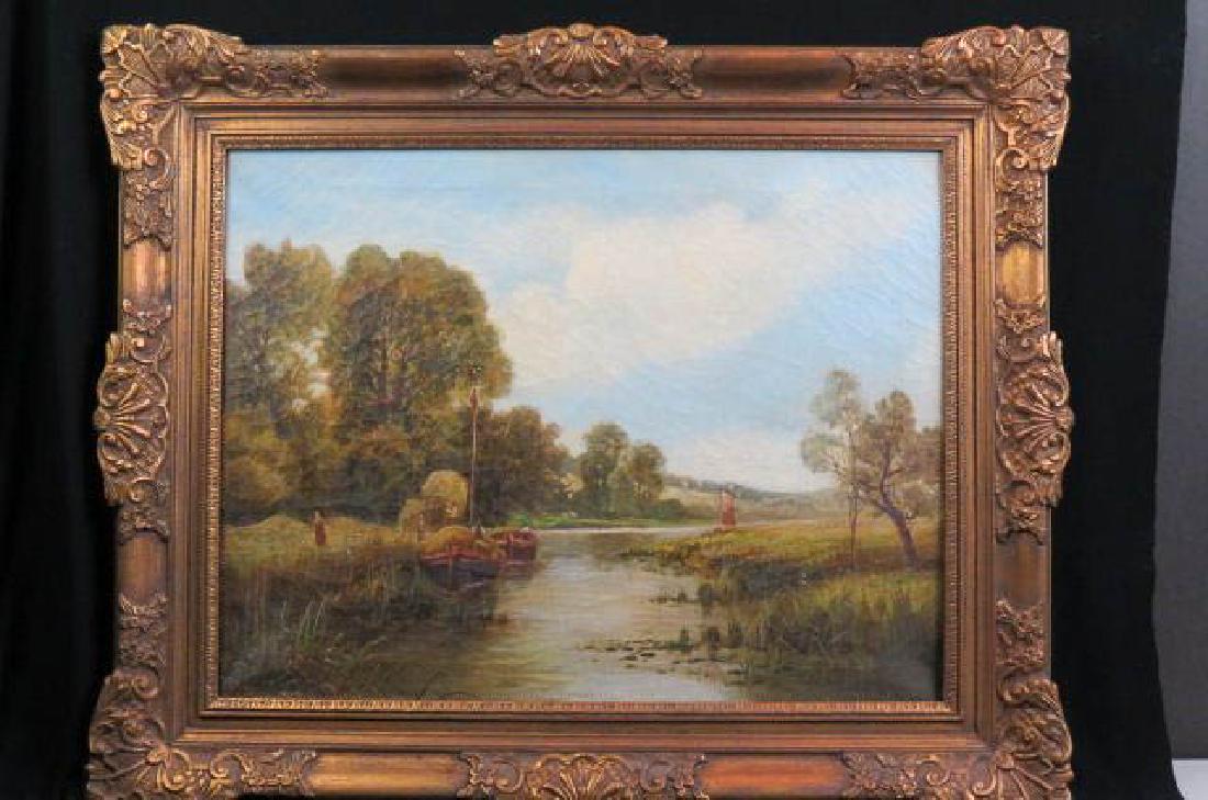 Benjamin Williams Leader Oil Painting of Landscape: with farmers loading hay on boats, on canvas, image area 22" x 30", in gold frame, 1831-1923, well listed English artist......Benjamin Williams Leader RA (12 March 1831 - 22 March 1923) was an English