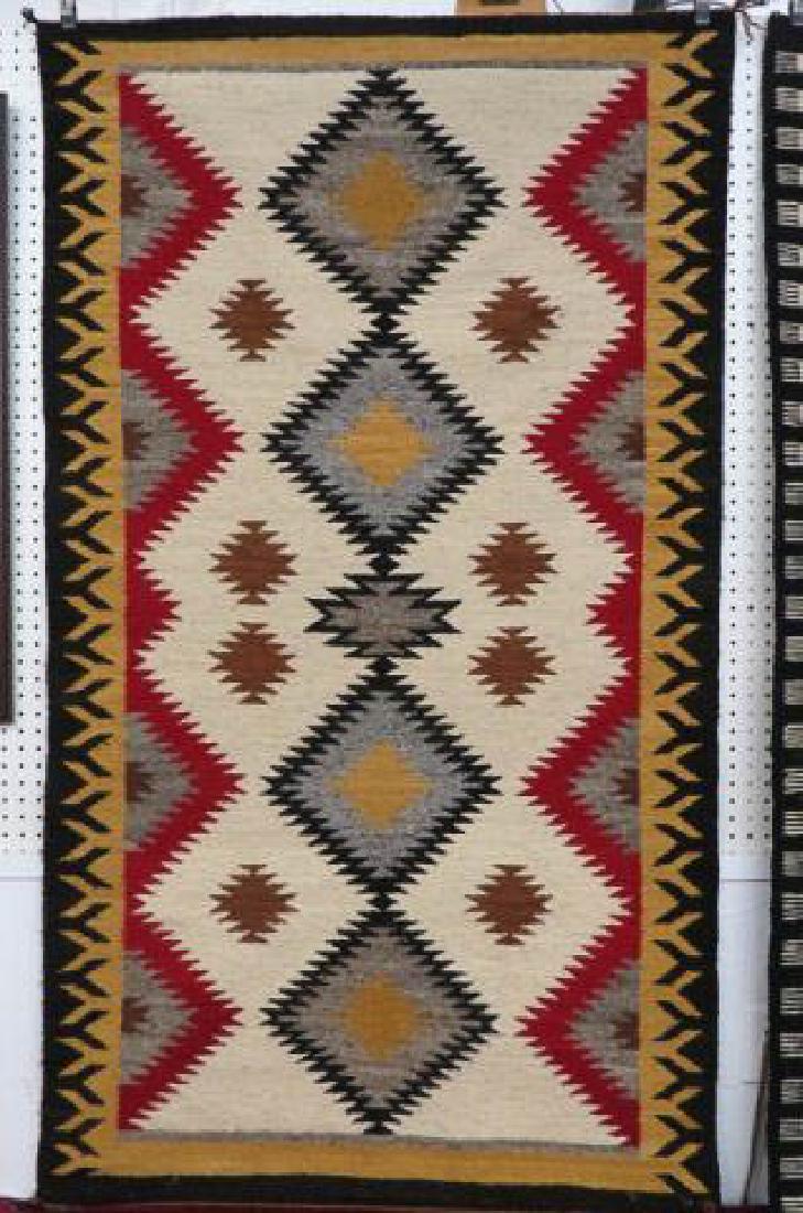 Native American Navajo Rug,: great geometric designs, brown, indigo, red, & ivory, 35" x 72", excellent.