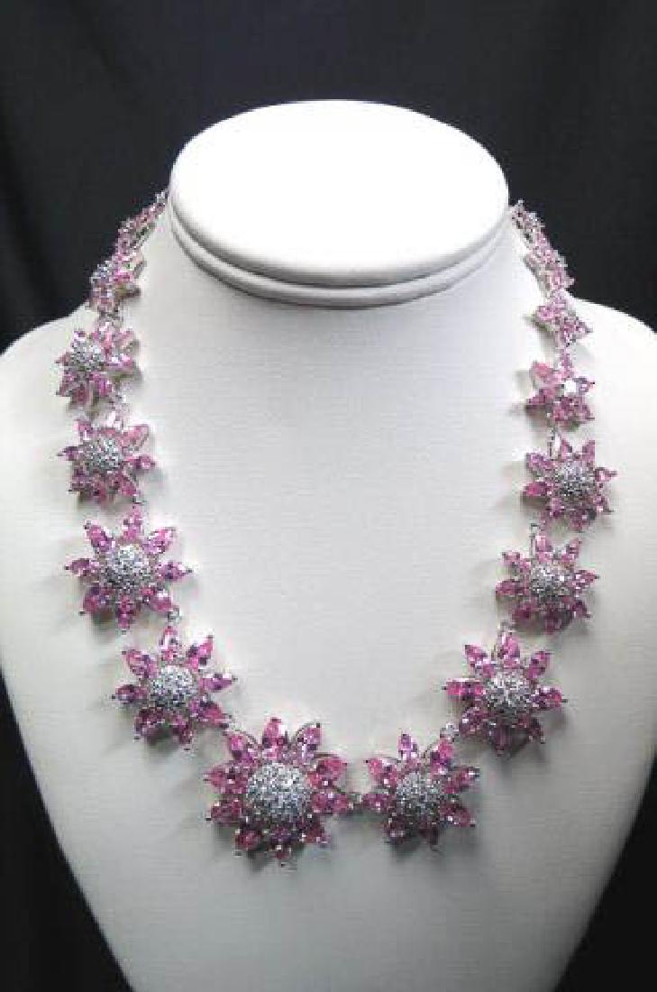 Suzanne Summers Sterling Silver Necklace,: pink & clear cubic zirconia floral design, signed, 18" long.