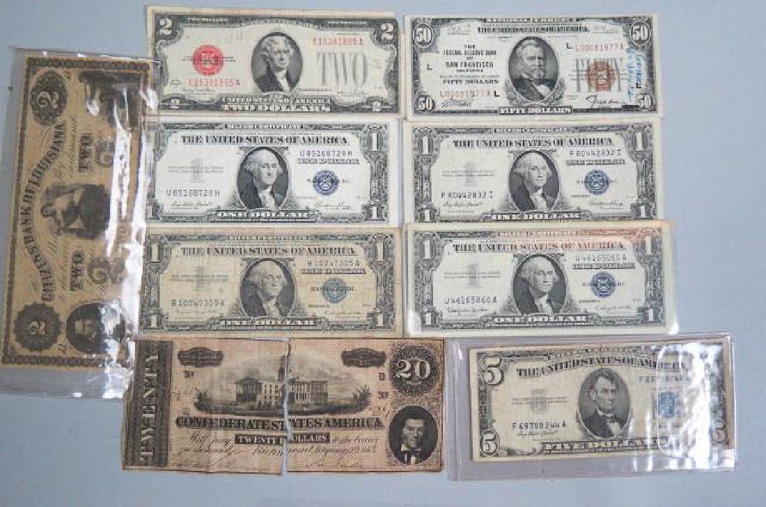 Estate Paper Money Lot,: 1929 $50.00 national currency San Francisco note, 10 - 1959-B $1.00 silver certificates (consecutive serial numbers), 1953-A $5.00 silver certificate, 1928-G $2.00, 1935-E (2) and 1957 silver certific