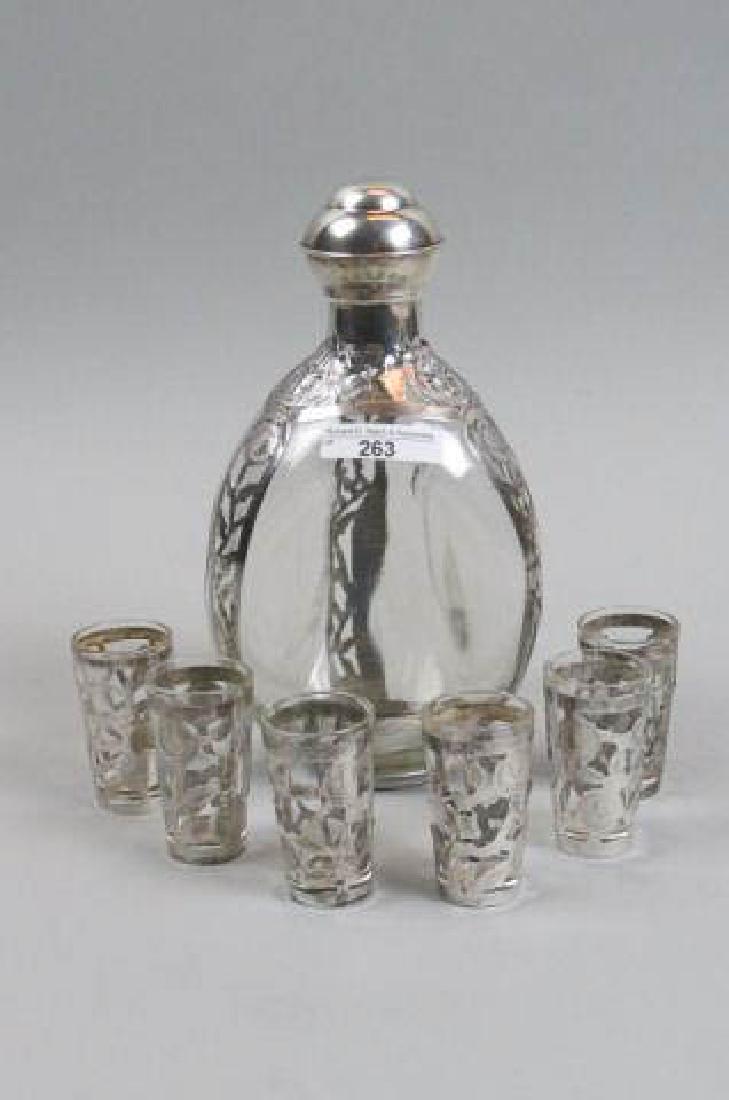 Silver Overlay Style Decanter & 6 Cordials,: 9" pinch decor bottle, floral silverwork, 6 cordials 2 1/2", excellent.