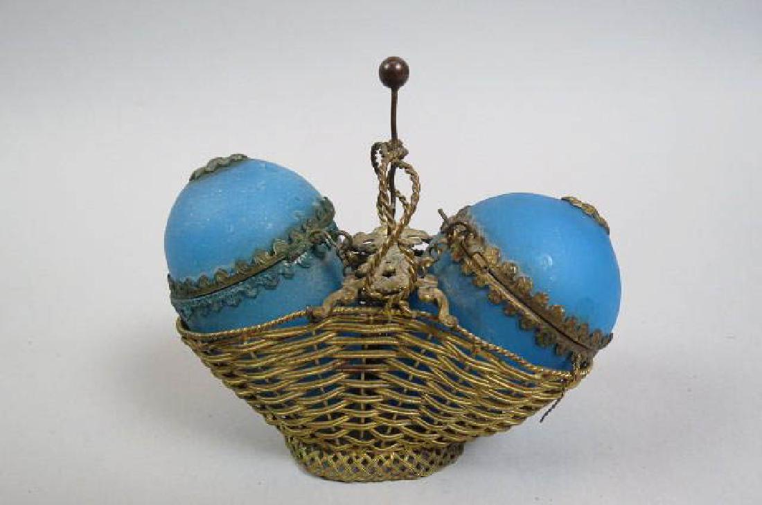 Palais Royal French Opaline & Metalwork Box,: double egg shape blue satin opaline boxes within a metalwork basket, late 19th century, 5".