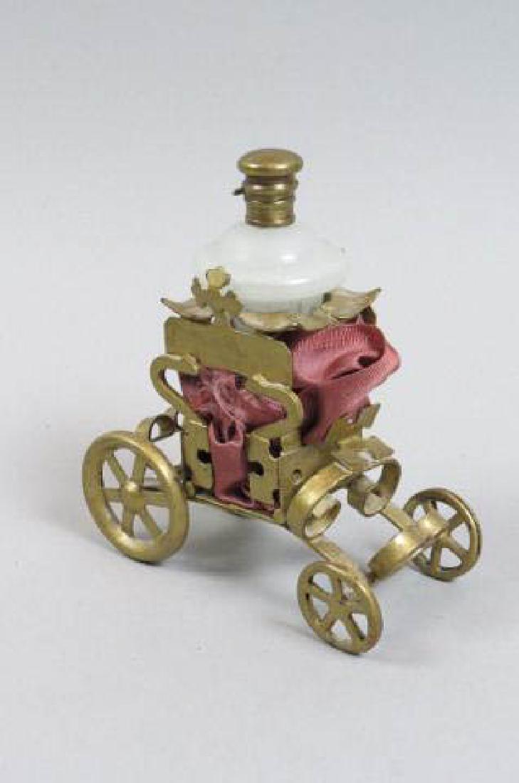 Palais Royal Perfume Bottle "Carriage" Caddy,: French metal with white opaline glass bottle, 5" tall, 4 1/2" long.