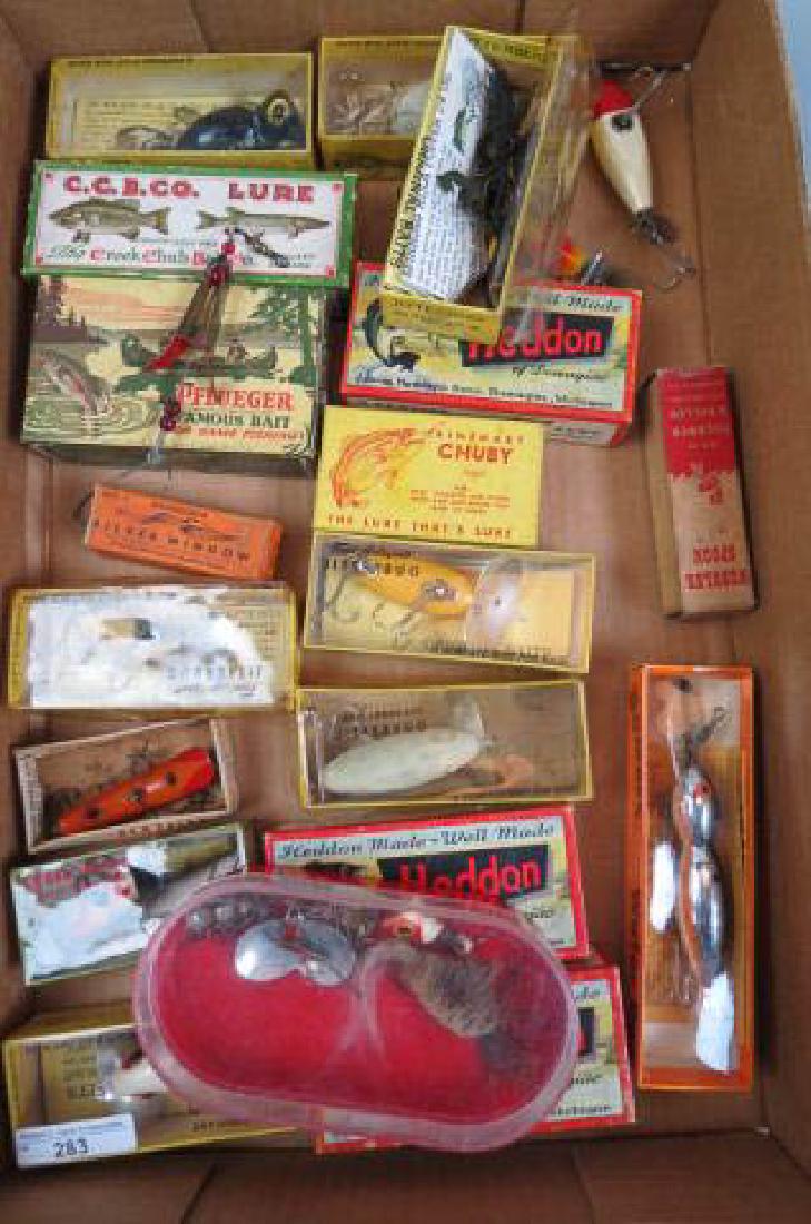 Collection of 20 Vintage Fishing Lures,: Pflueger, Heddon, Johnson, Rinehart, Arbogast, Helin, Creek Chub & others, most with original boxes.