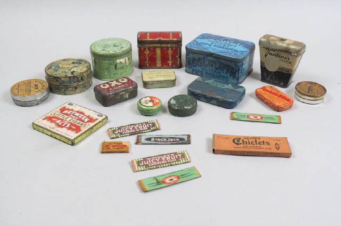 Vintage Advertising Tin Lot,: Russian tea "trunk," Edgeworth Tobacco, "Between the Acts" Little Cigars, & more.
