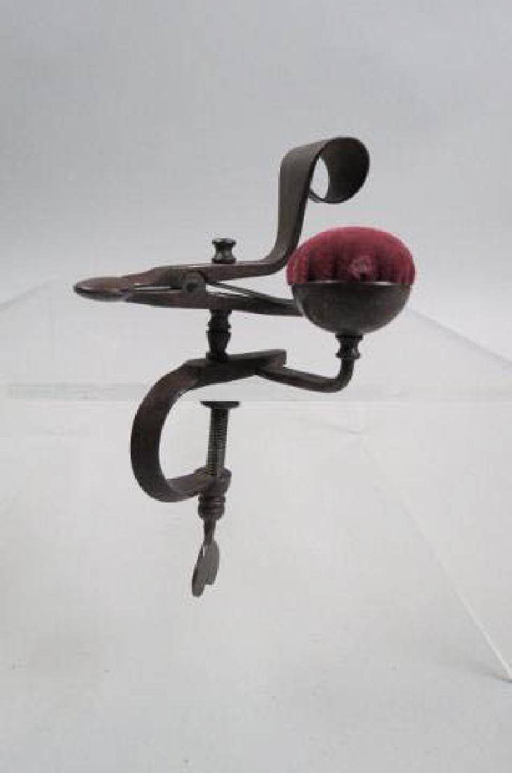 19th Century Sewing Tool Clamp,: with pin cushion, circa 1860, 6".